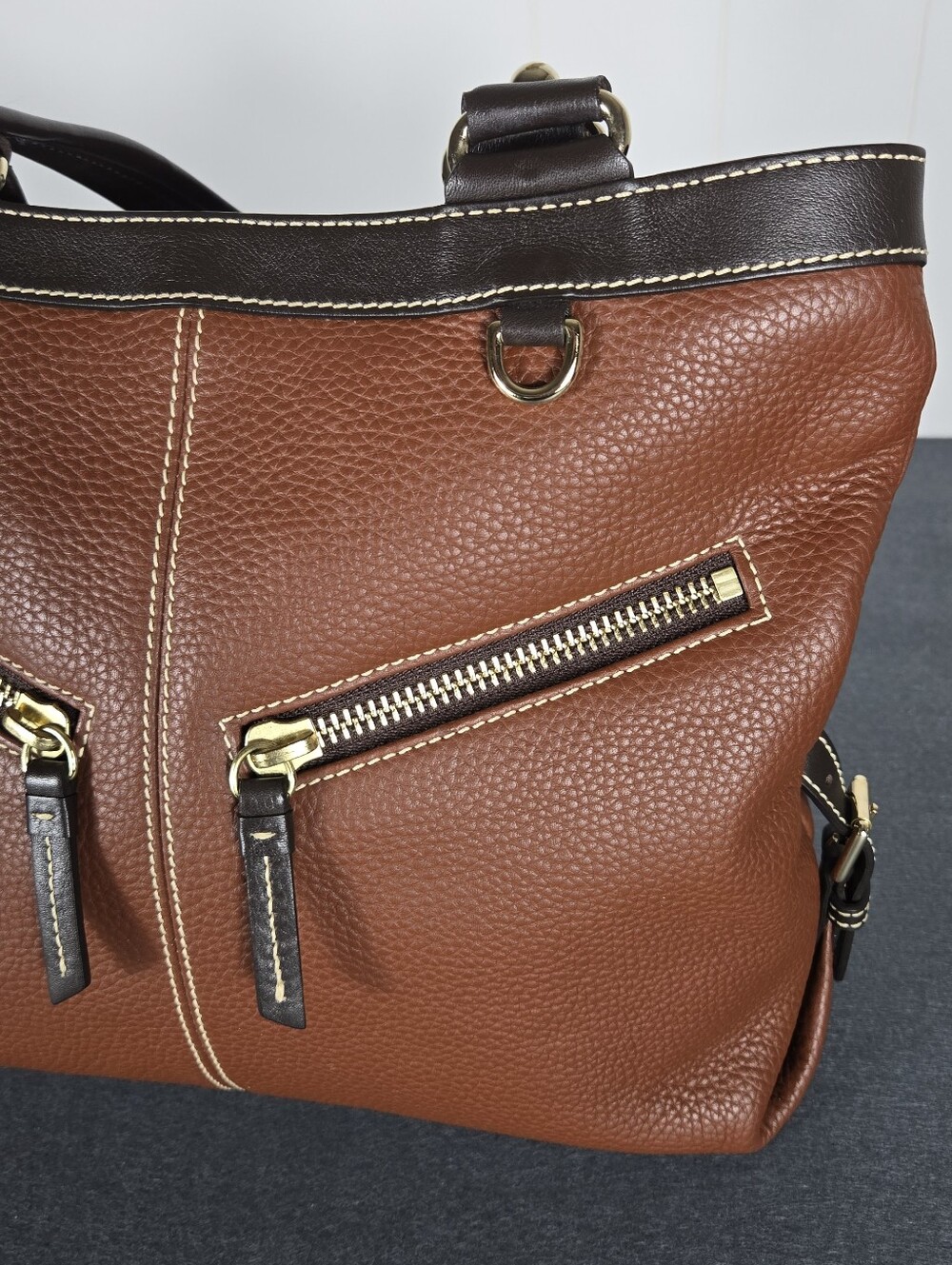 Dooney & Bourke Chestnut Brown Pebbled Leather Tote with Dark Trim - Picture 3 of 12